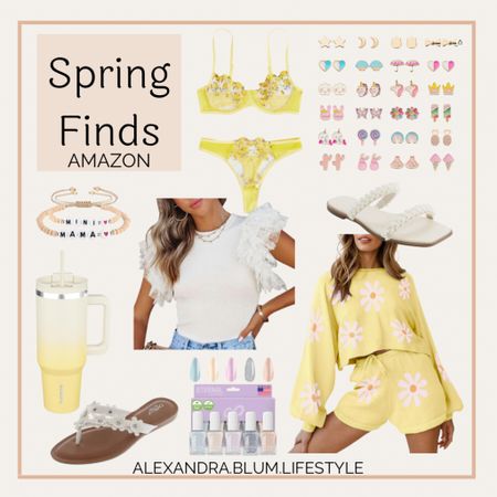 Amazon spring finds! Yellow flower lounge set! White top, stud earrings, white flip flop sandals, nails, and yellow tumbler! Amazon summer finds!