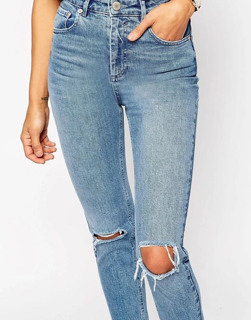 ASOS Farleigh Slim Mom Jeans in Prince Light Wash with Busted Knees at asos.com | ASOS UK