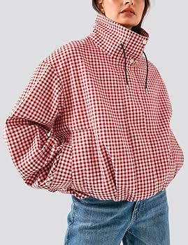 Esmeling Women Gingham Zipper Bomber Jacket Stand Collar Long Sleeve Jacket Cropped Outwear with ... | Amazon (US)