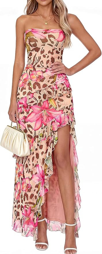 BTFBM Off The Shoulder Dresses for Women Summer 2026 Strapless Ruffle Slit Formal Wedding Guest D... | Amazon (US)