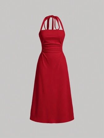 SHEIN MOD Women's Solid Color Pleated Halter Neck Red Long Dress | SHEIN