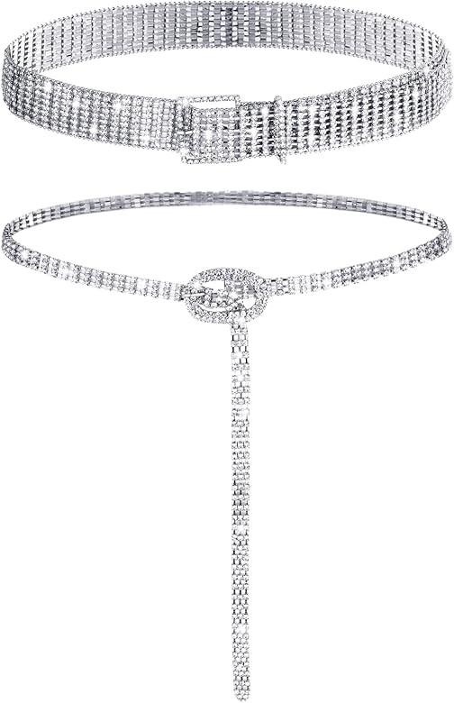 Geyoga 2 Pieces Women Rhinestone Belt for Dress Crystal Diamond Waist Belt Shiny Rhinestone Wide ... | Amazon (US)