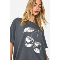 Womens Printed Cherry Oversized Graphic T-Shirt - Grey - 2 | boohoo (US & Canada)