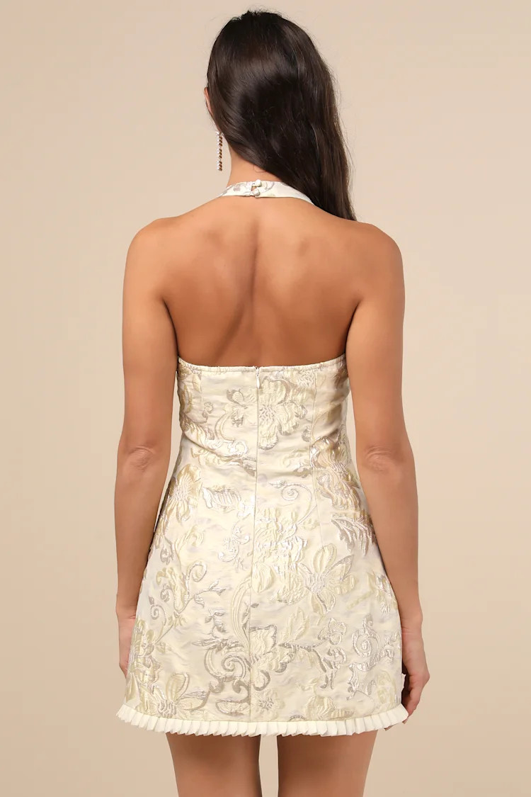 Zinya Pale Yellow Jacquard Lurex Halter Mini Dress | Lulus