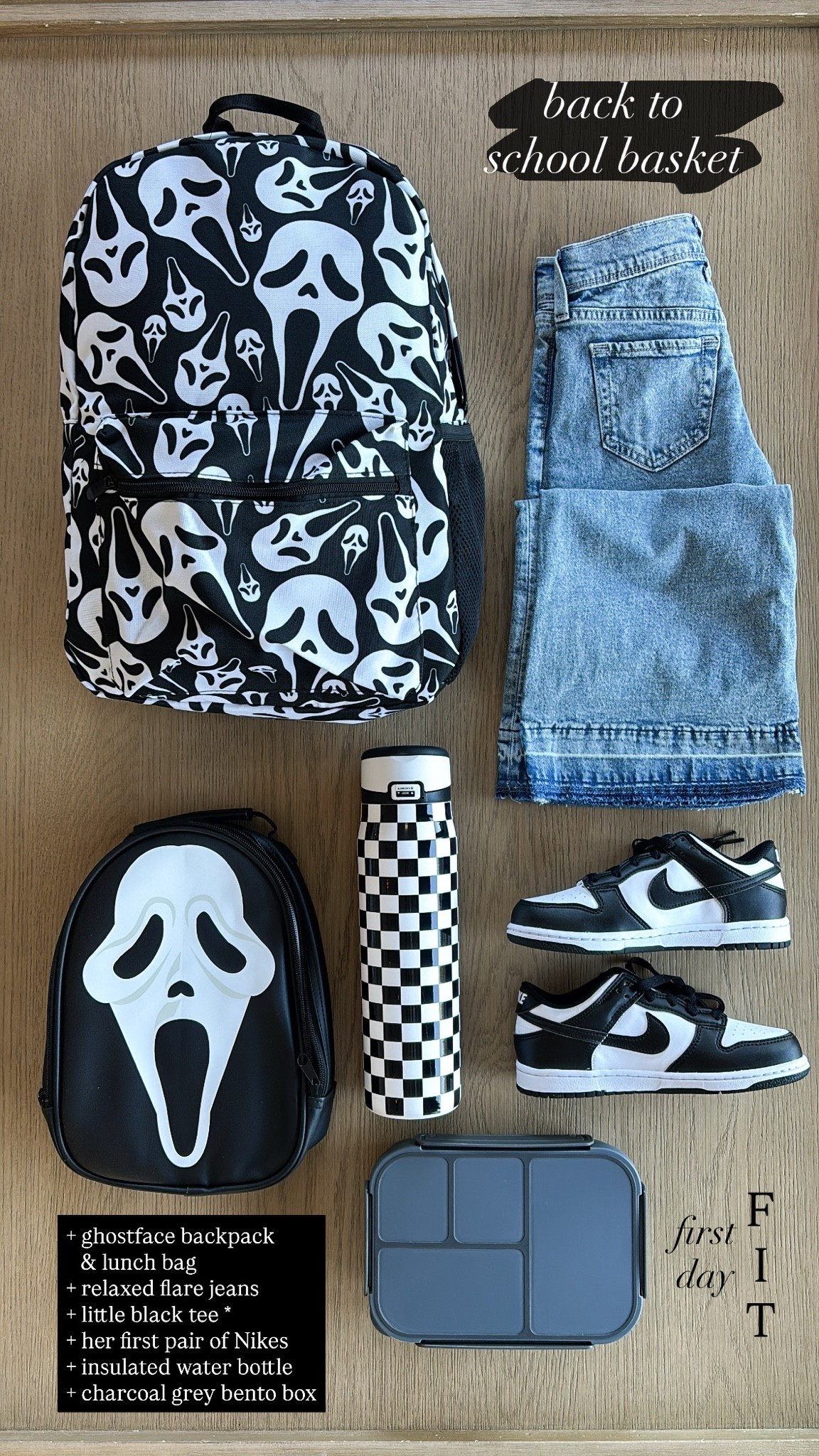 Jade’s back-to-school basket 🖤 spooky season is basically her whole personality, so of course her school picks ended up very black, white + Ghostface.

Ghostface backpack + lunch bag, flare jeans, her first pair of Nikes, black + white check water bottle, and a dishwasher-safe bento box.

I did originally have a little black tee to go with the jeans, but after exchanging the jeans a couple of times I somehow managed to send the shirt out of town in the bag with her stuff 😂 so we’re working with what we’ve got.

Very Jade. Very spooky. Very much her mama’s girl.

#LTKcanada #LTKjeans #LTKshoes