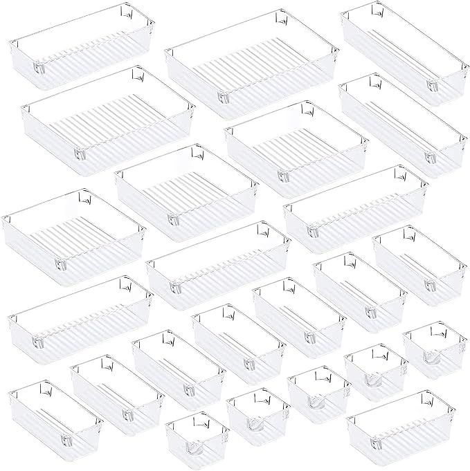 Puroma 24Pcs Desk Drawer Organizer Set 5-Size Versatile Vanity and Desk Drawer Storage Bins, Clea... | Amazon (US)