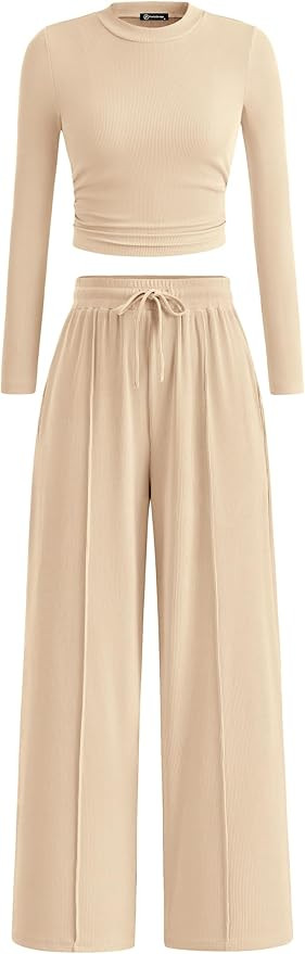 PRETTYGARDEN Women's 2 Piece Loungewear Long Sleeve Crop Top Wide Leg Palazzo Pants Set Tracksuit... | Amazon (US)