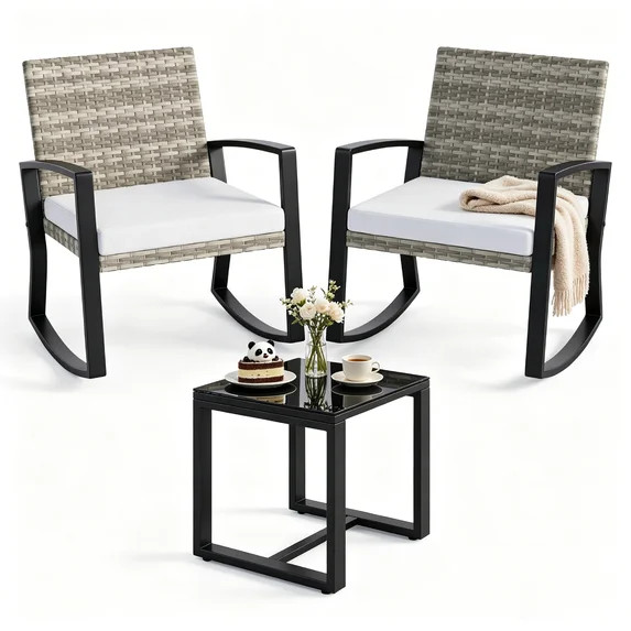 Lofka Patio Rocking Chairs Set with Glass Coffee Table, 3-Piece Outdoor Furniture Set for Balcony... | Walmart (US)