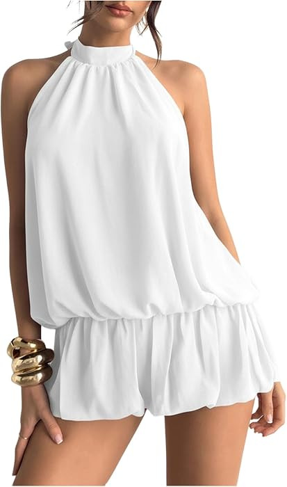Floerns Women Backless Sleeveless Ruffle Bubble Hem Mesh Halter Mini Dress | Amazon (US)