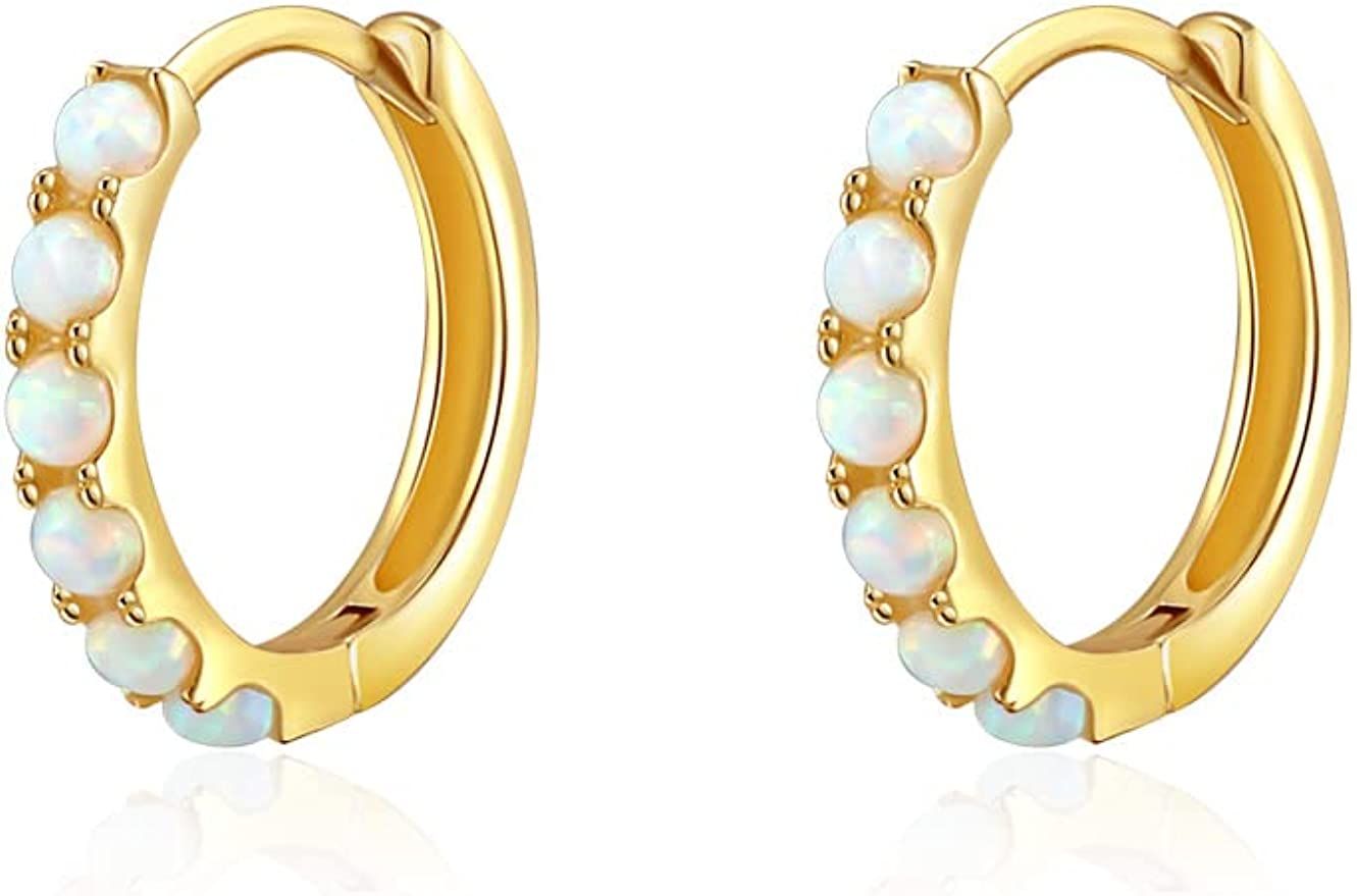 Lansora Tiny Mini Opal Huggie Hoop Earrings Cartilage Helix 18k Gold Plated Minimalist Simple Sma... | Amazon (US)