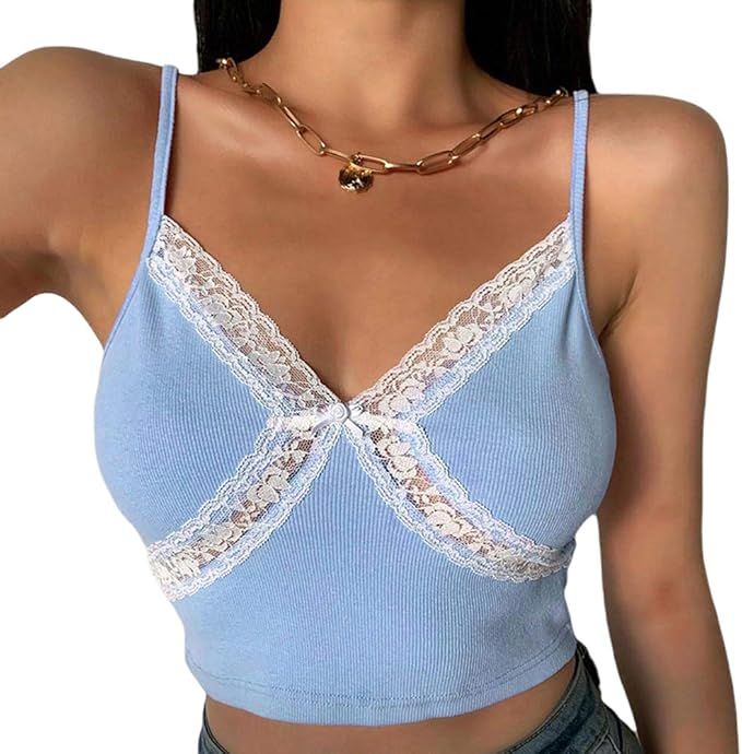 Women's Lace Crop Top Sexy V Neck Spaghetti Strap Tank Top Cami Sleeveless Patchwork Camisole Shi... | Amazon (US)