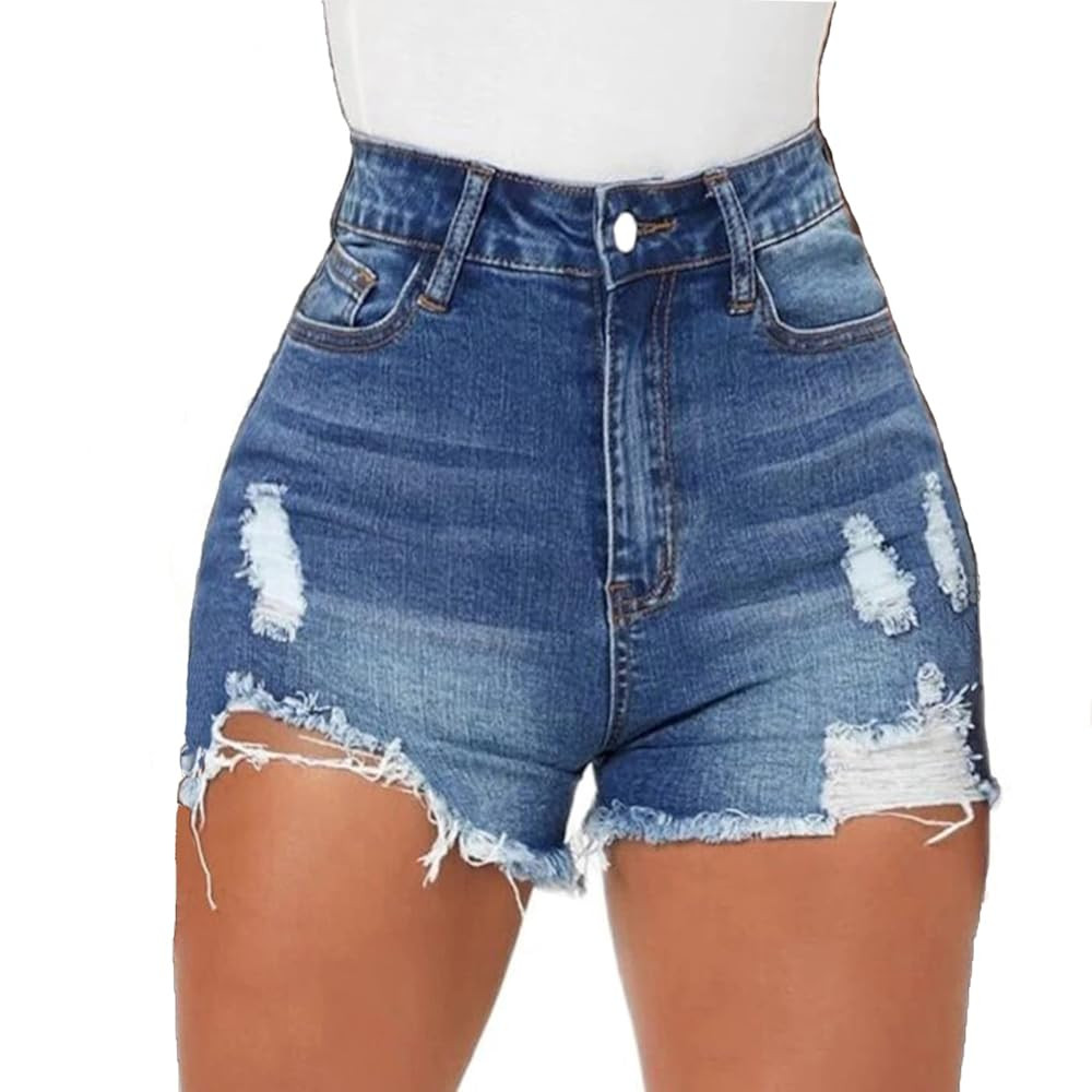 Women High Waisted Skinny Stretchy Denim Shorts Casual Summer Frayed Raw Hem Distressed Ripped Sh... | Amazon (US)