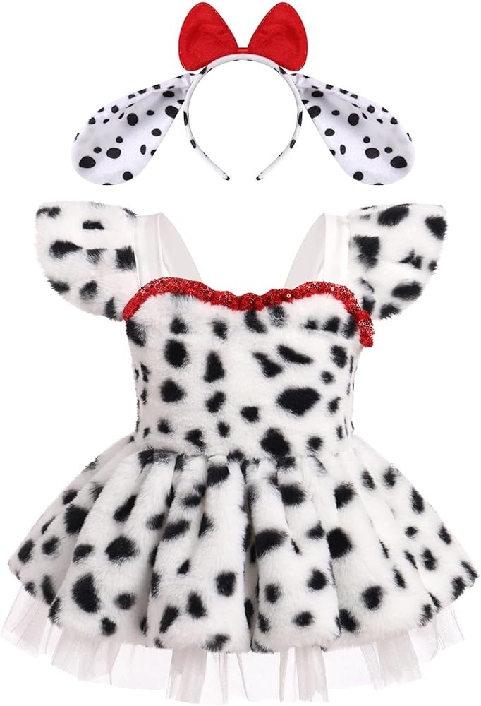 AWIBMK Baby Girls Dalmatian Cow Costume Ruffle Dress with Ears Headband Halloween Cosplay Role Pl... | Amazon (US)