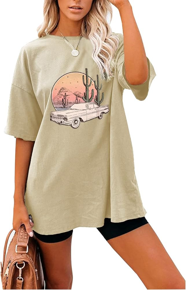 TAKEYAL Oversized T-Shirt for Women Loose Graphic Tee Short Sleeve Western Cactus Shirt Casual Su... | Amazon (US)