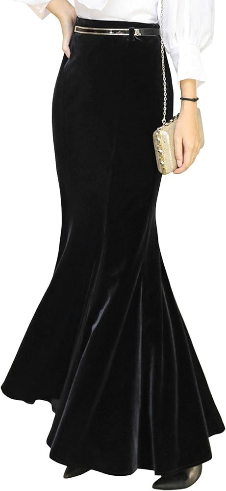 ebossy Women's High Waist Bodycon Velvet Fishtail Mermaid Maxi Skirt Evening Party | Amazon (US)