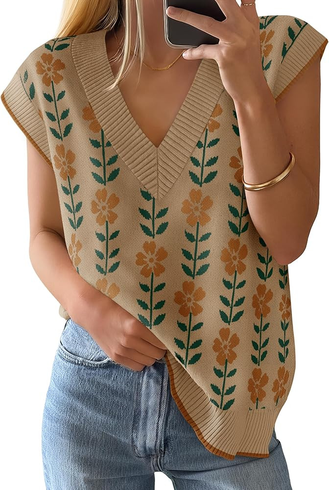 ZESICA Women's Floral Sleeveless Sweater Vest 2026 Summer Oversized Cap Sleeve V Neck Loose Knit ... | Amazon (US)
