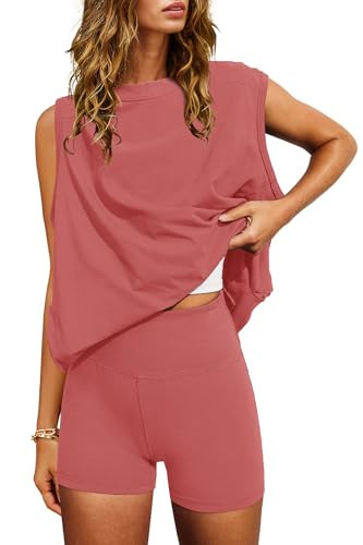Nirovien Women 2 Piece Outfits Workout Sets Summer Matching Lounge Set Tunic Tops and Biker Short Sets(Brick Red,S) | Amazon (US)