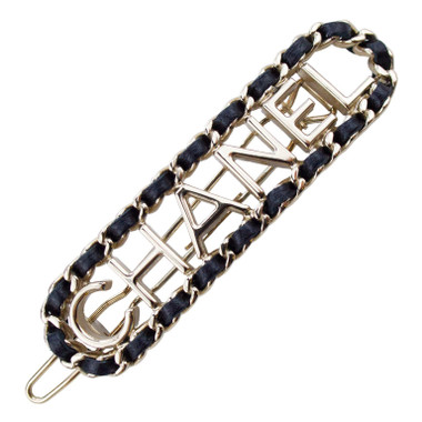 1990s Chanel Silver Metal and Black Leather Hair Barrette