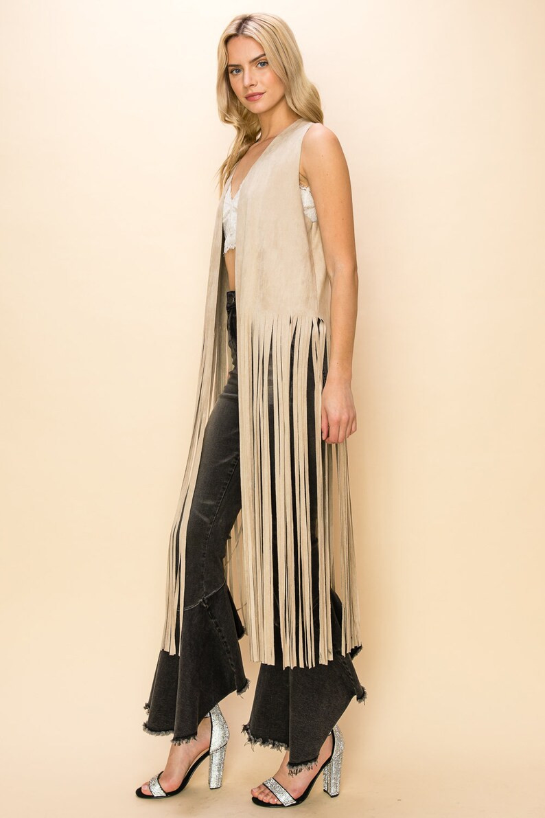 Vocal Bohemian Western Vegan Suede Long Fringe Vest Jacket Duster Top Faux Suede Leather Outerwea... | Etsy (US)