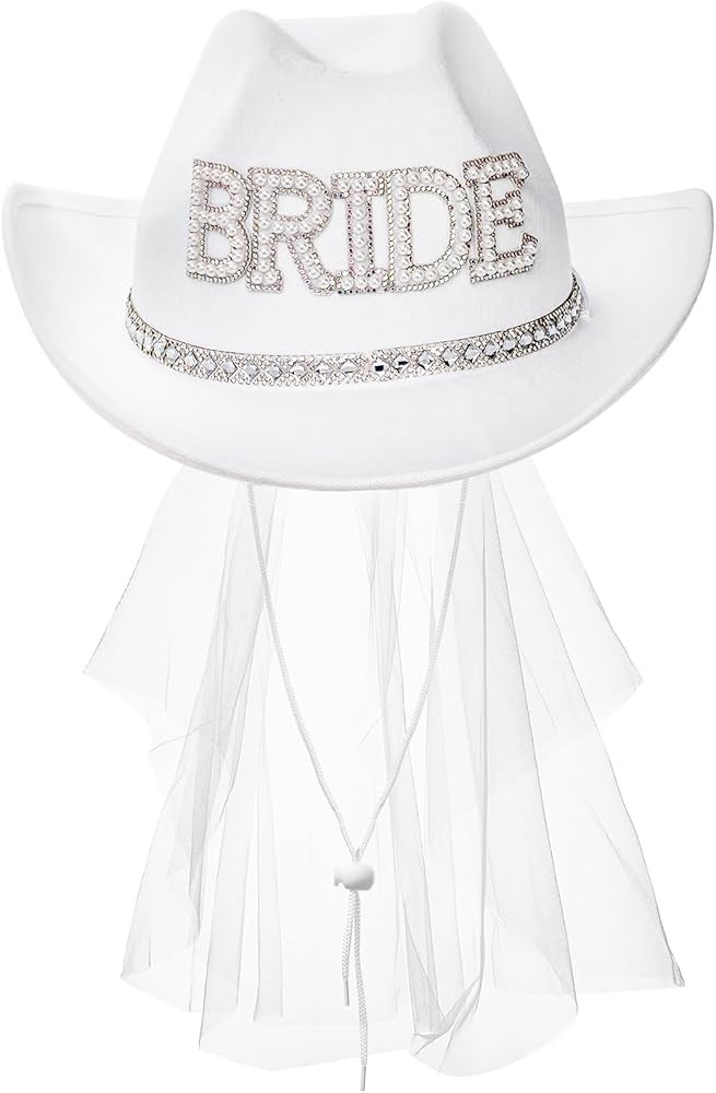 Frcctre Bride Cowboy Hat with Veil for Bachelorette Party, White Pearl Bride Cowgirl Hat for Wedd... | Amazon (US)