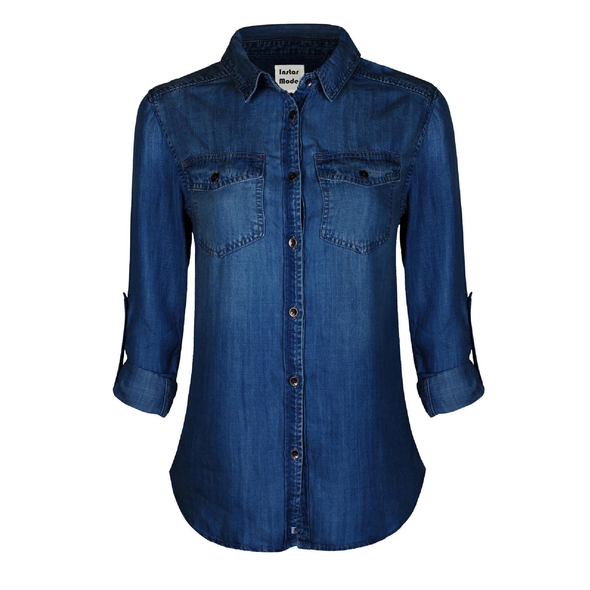 MixMatchy Women's Basic Classic Long/Roll Up Sleeve Button Down Chambray Denim Shirt Tunic (S-3XL... | Walmart (US)