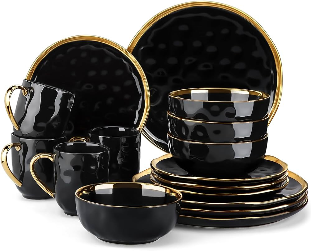 LOVECASA Black and Gold Dishes Sets, Stoneware Dinnerware Sets for 4, 16 Piece Plates and Bowls S... | Amazon (US)