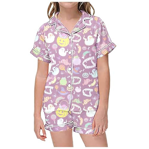 Halloween Pajamas Sets Silk Pumpkin Ghost Cute Shirt and Shorts Satin Pjs Sets Teen Girls 2 Piece Loungewear Sets Sleepwear Halloween Pajama Set Pink Halloween Pj for Girls | Amazon (US)