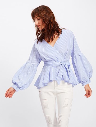 Bishop Sleeve Surplice Wrap Pinstripe Top | SHEIN