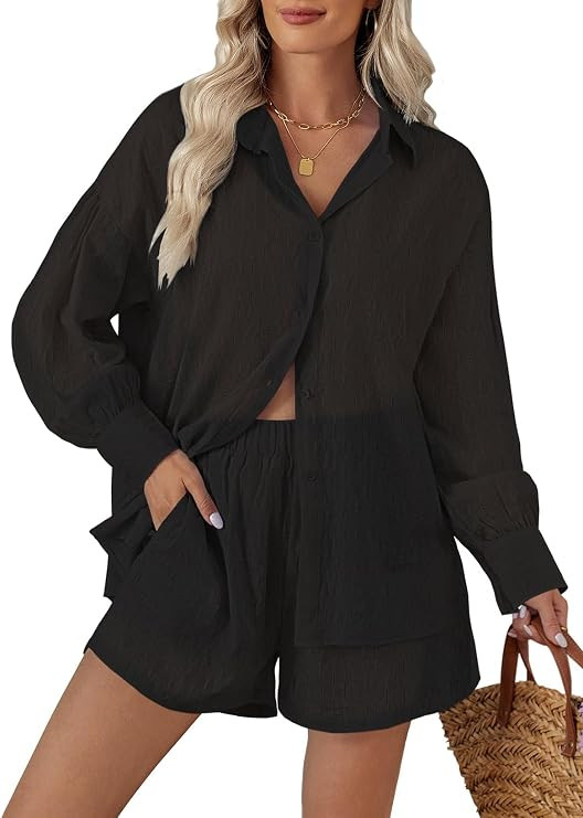 Fixmatti 2 Piece Outfits Long Sleeve Button Down Shirt and Shorts Sweatsuit Lounge Sets | Amazon (US)