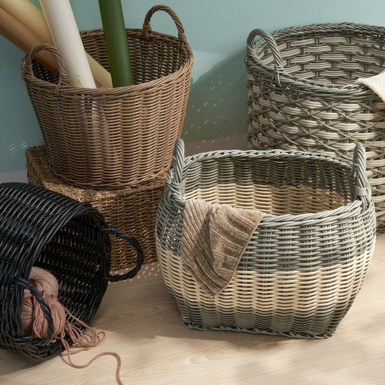 Zita Oval Resin Woven Wicker Multi-Use Storage Basket with Handles - 18" x 15" x 15" - White-Gray... | Walmart (US)