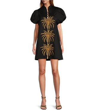 Poplin Palm Tree Embroidered Mandarin Collar Short Puff Sleeve Dress | Dillard's