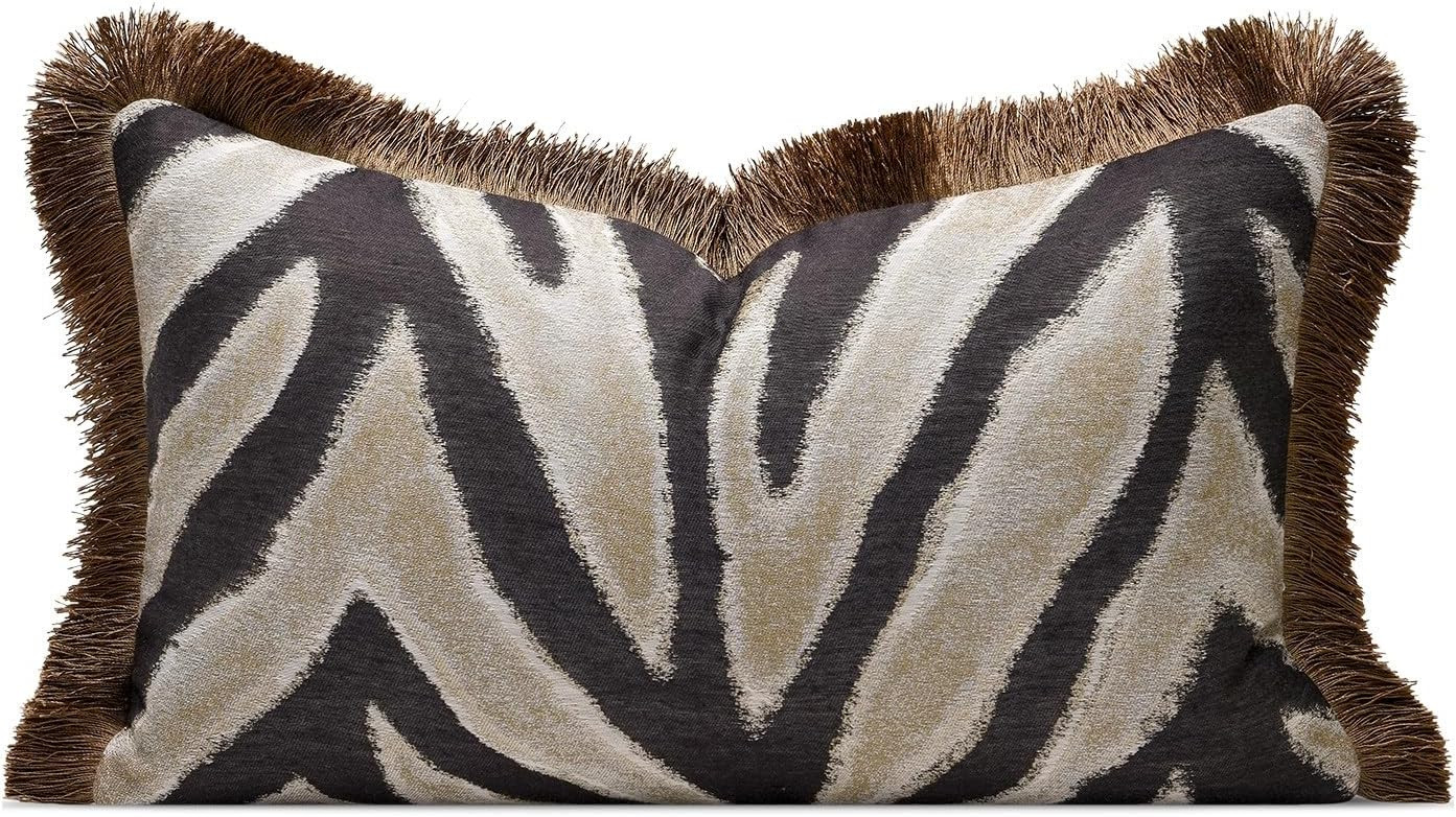 Luxury Zebra Lumbar Pillow Cover with Brown Tassel Trim, Zebra Pattern Jacquard Design Decorative Pillow Case for Sofa Bedroom Living Room, 12x20 Inch (Single Pack) | Amazon (US)