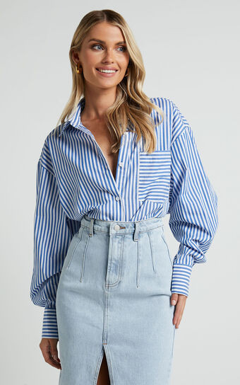 Jaycey Shirt - Long Sleeve Pocket Detail Shirt in Navy Stripe | Showpo (US, UK & Europe)