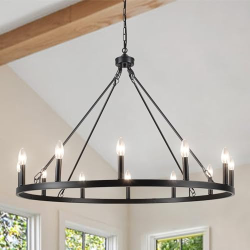 Wagon Wheel Chandelier 12 Light 38" Large Black Farmhouse Chandelier for Dining Room Rustic Country Pendant Light Fixtures Hanging Modern Round Chandeliers for Living Room High Ceilings Foyer Entryway | Amazon (US)