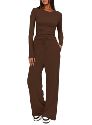 Darong Women's 2 Piece Outfits Lounge Sets Ruched Long Sleeve Tops and Wide Leg Pants Tracksuit Sets 9065B Coffee L | Amazon (US)