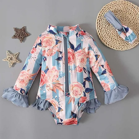 Shldybc Toddler Baby Girl s Swimsuit Long-sleeved Flower Print Ruffle Trim One-piece Swimsuit With Hair Band Swimwear Suit One Piece Bathing Suit for Girl on Clearance( Light Blue 12-18 Months ) | Walmart (US)