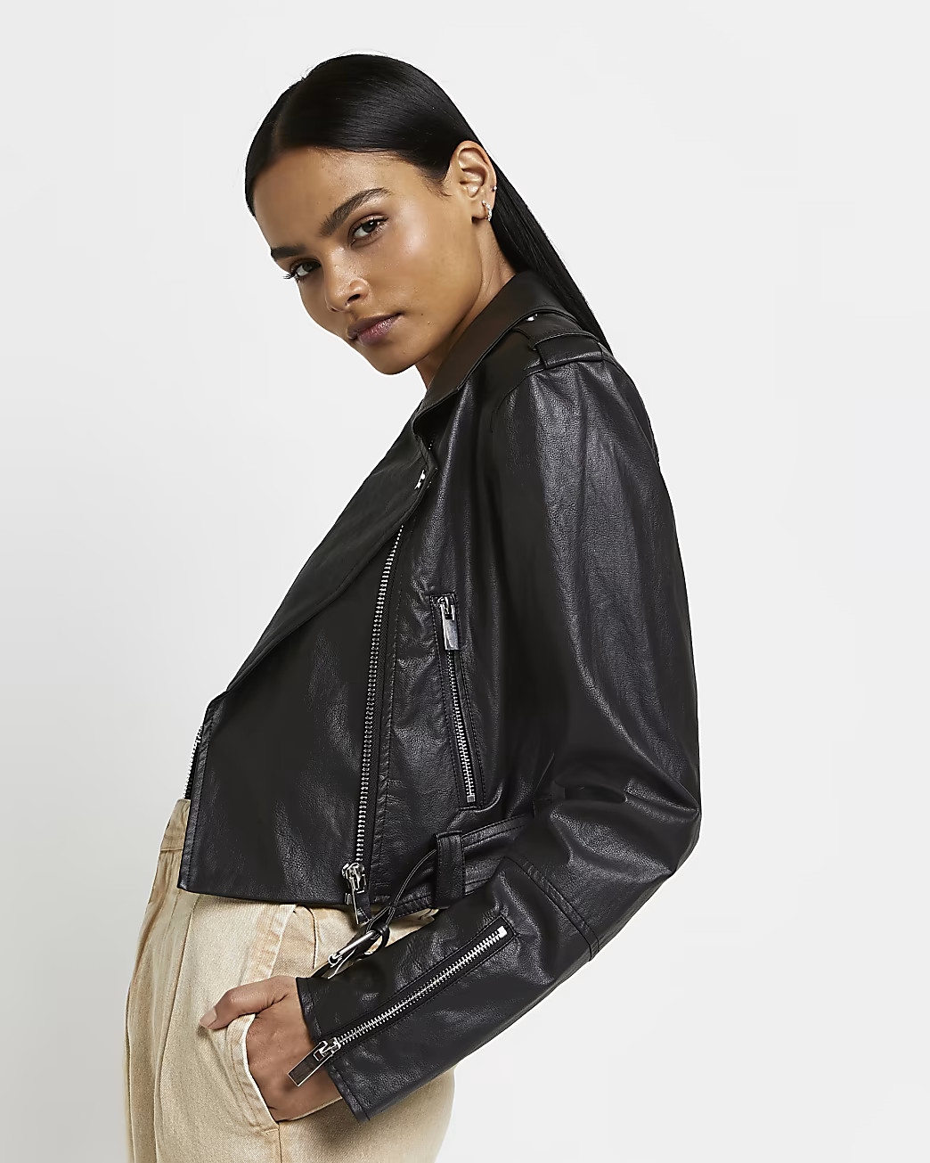 River Island Womens Black faux leather biker jacket | River Island (US)