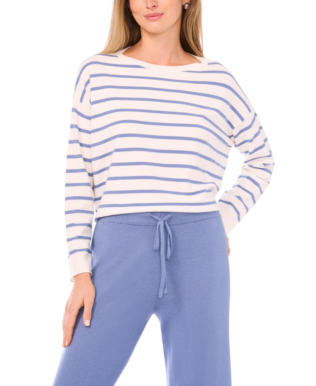 Vince Camuto Women's Stripe Rolled Edge Long Sleeves Sweater - Antique White | Macy's