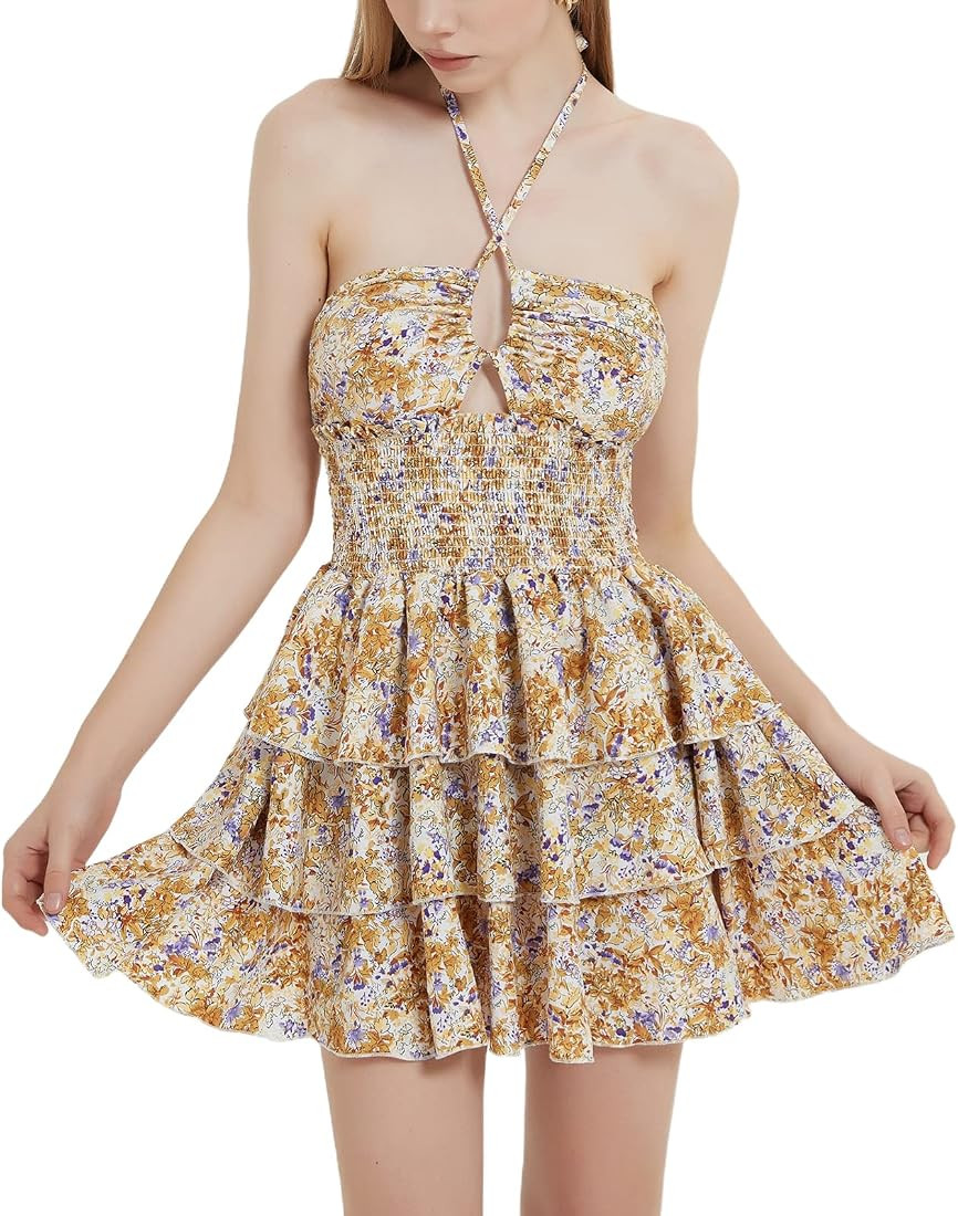 Mebius Mini vestido floral para mujer, cintura fruncida, cuello halter, dobladillo cruzado escalo... | Amazon (US)