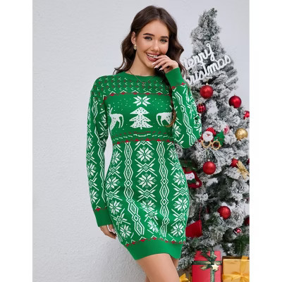Women's Crew Neck Christmas Knit Dress, Slim - Fit Sweater Dress with Festive Patterns for Holiday Season Green XXL | Target