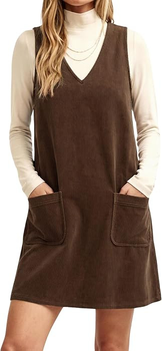 Athlisan Womens Corduroy V Neck Mini Dress A Line Pinafore Jumper Dress with Pockets | Amazon (US)