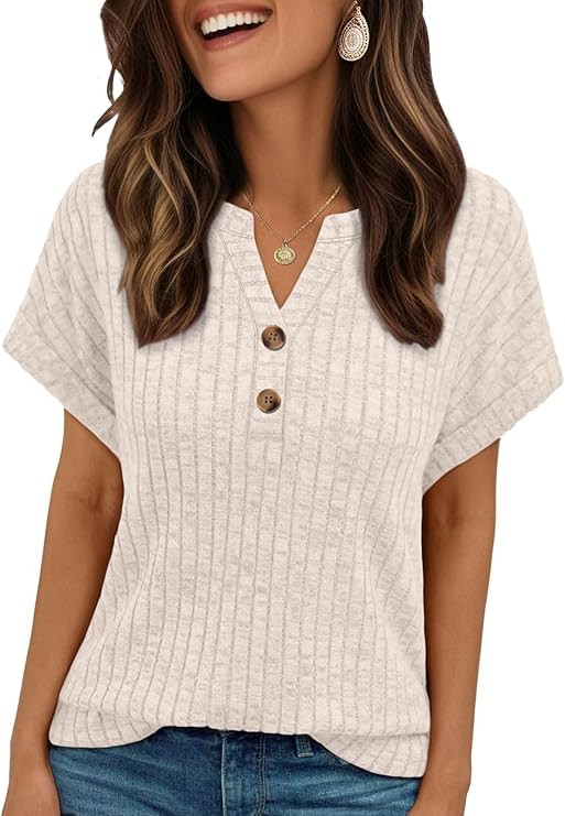 AUTOMET Womens Spring Top Summer Short Sleeve T Shirt Business Dressy Casual Blouse Henley V Neck... | Amazon (US)