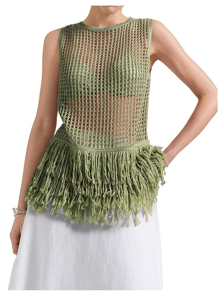Milumia Women's Hollow Out Fringe Knitted Tank Top Sexy Sheer Sleeveless Long Sweater Vests | Amazon (US)