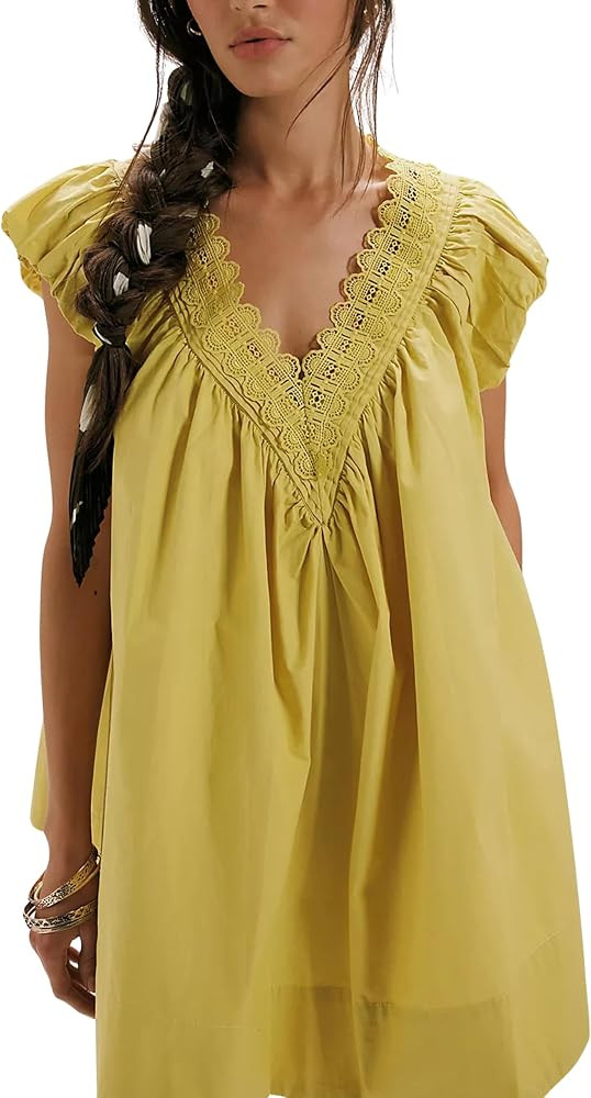 Women's Summer Babydoll Dress V-Neck Short Puff Sleeve Lace Trim Loose Fit Mini Cotton Shift Dres... | Amazon (US)