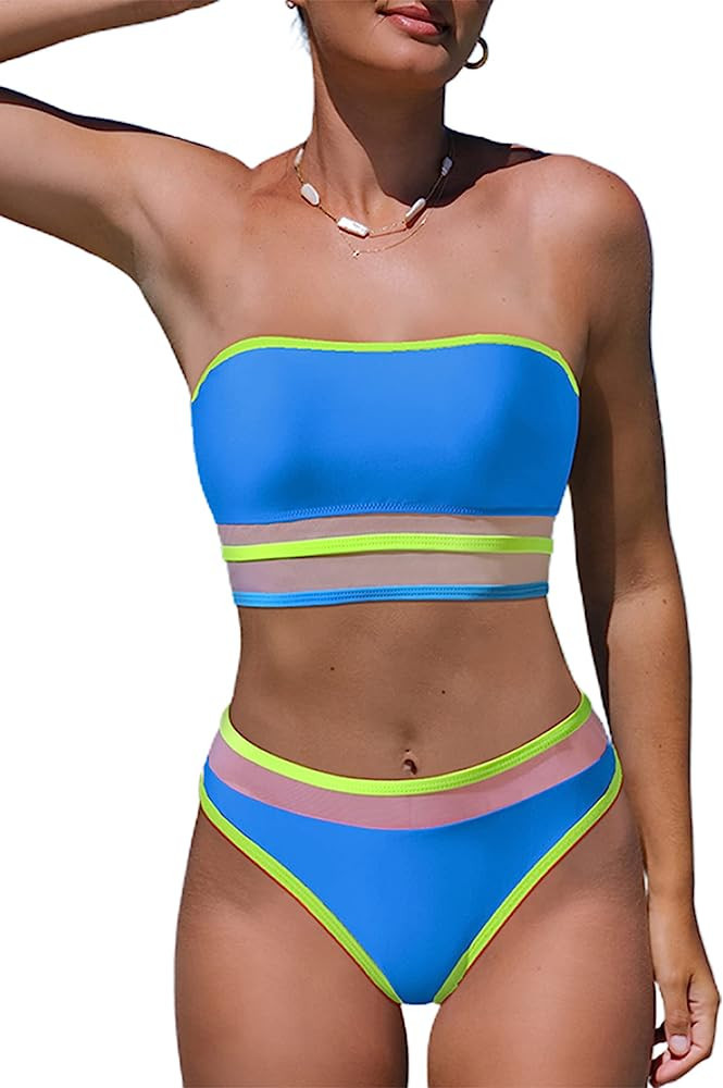 Hilinker Women's Mesh Patchwork Bandeau Bikini Color Block Swimsuit 2 Piece Bathing Suit | Amazon (US)