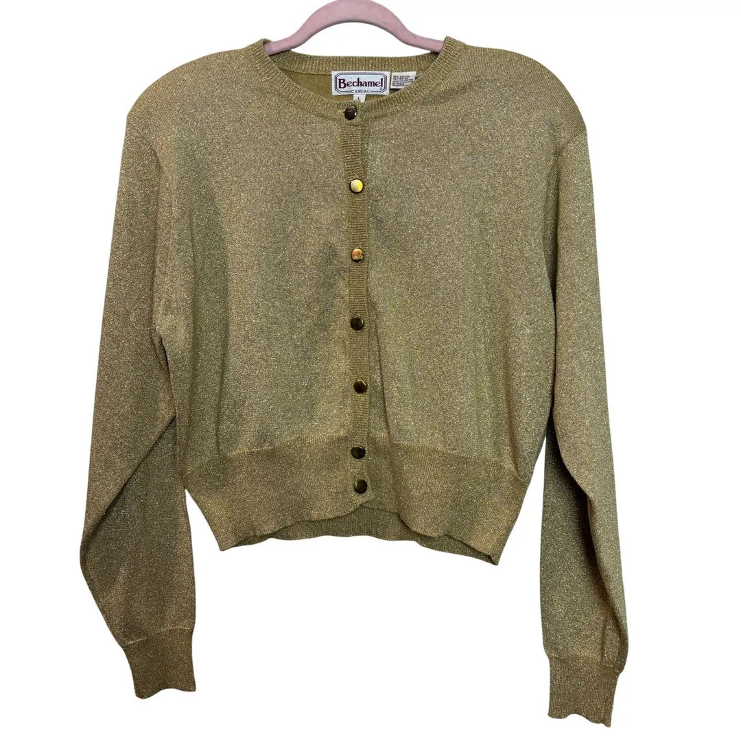 90s Bechamel Womens Large Casual Gold Metallic Cardigan Sweater Classic Glam VTG | Etsy (US)