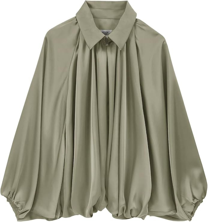 Womens Satin Puffed Bomber Jacket Oversized Batwing Sleeve Lapel Collar Pleated Zip Up Outerwear ... | Amazon (US)