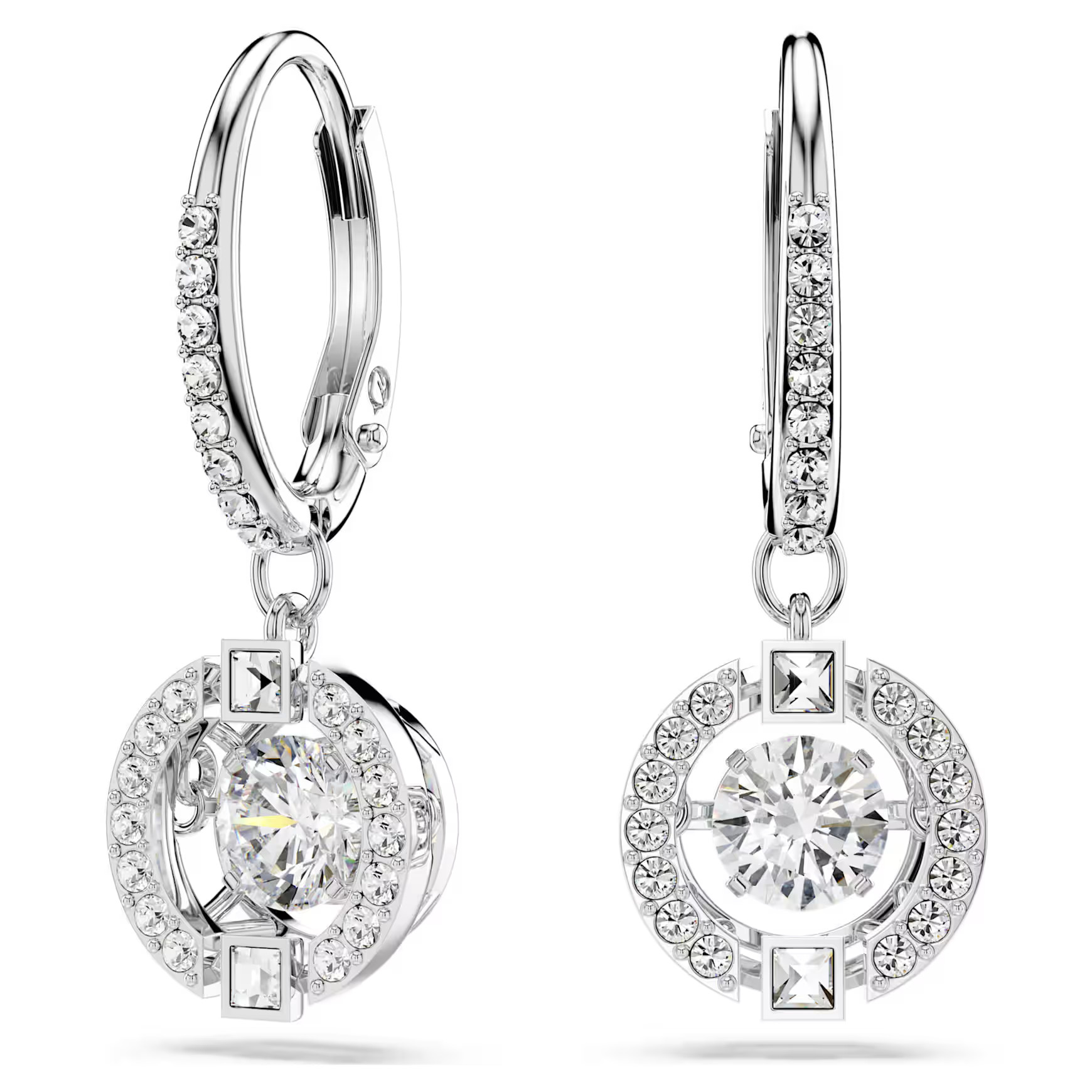 Una drop earrings, Round cut, White, Rhodium plated by SWAROVSKI | SWAROVSKI