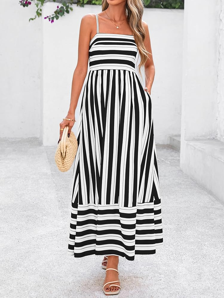 PRETTYGARDEN Women Summer Maxi Dresses 2026 Spaghetti Strap Boho Floral Striped Wedding Guest Bea... | Amazon (US)