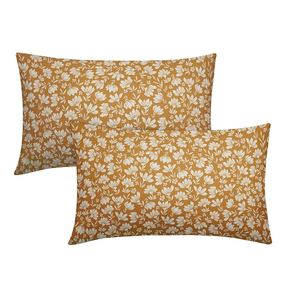 Mustard Yellow Beige Daisy Floral Lumbar Pillow Covers 12X20 Inch Vintage Flowers Pillow Cases Se... | Amazon (US)
